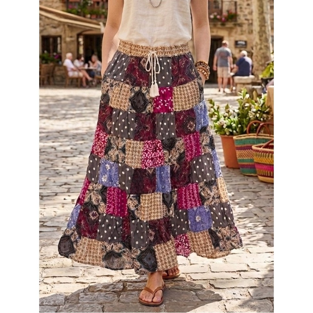 Y2K Boho Patchwork Tiered Maximalist Floral Maxi Skirt OS Shabby Chic Prairie - Picture 10 of 10